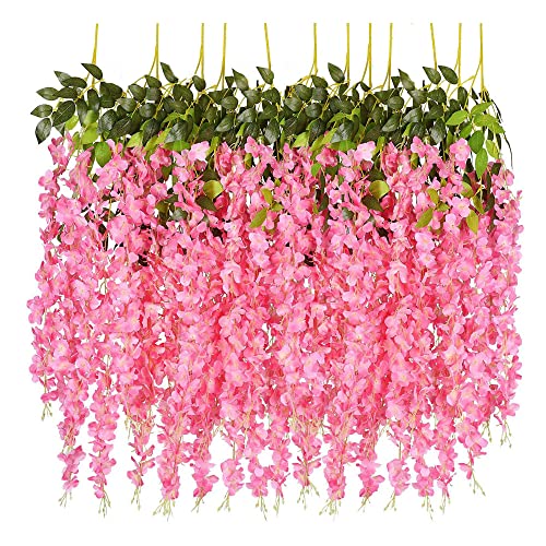 Rkrc 12 Pack 3.75 Feet/Piece Artificial Fake Wisteria Vine Ratta Hanging Garland Silk Flowers String Home Party Wedding Decor (Pink)