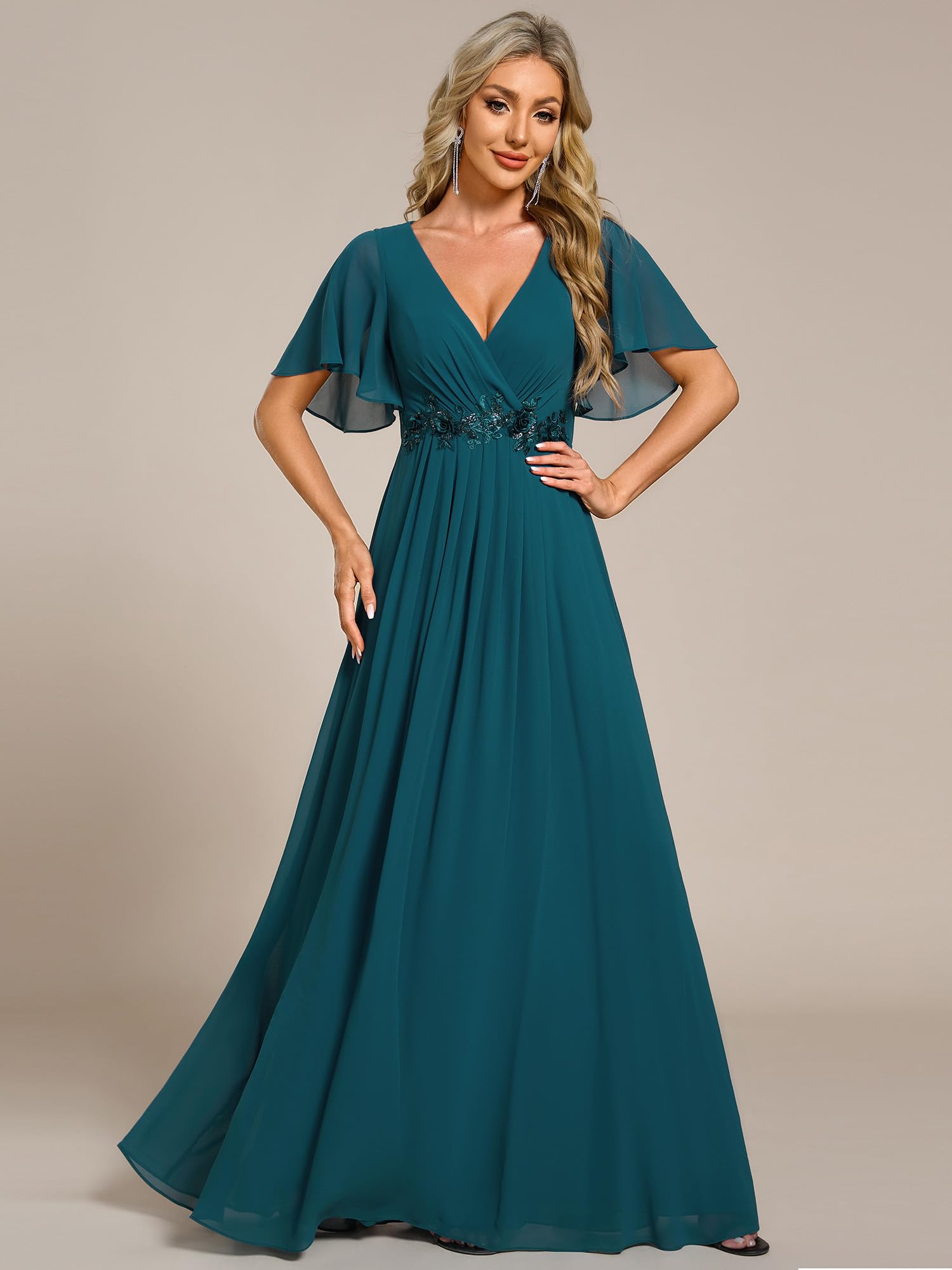 Ever-Pretty Abendkleid Elegant für Hochzeit Damen Lang Rundhalsausschnitt Abendkleider Langarm Brautjungfernkleider