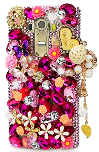 STENES Bling Phone Case Compatible with LG Escape 3 Case - Luxurious Crystal 3D Handmade Sparkle Diamond Rhinestone Clear Cover - Heart Pendant Dance Butterfly Flowers/Pink