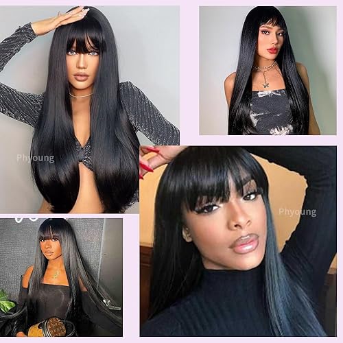 Miniatura 7 de Pelucas negras largas y rectas con flequillo para niñas, pelo de fibra sintética para niños, pelucas sin encaje, sin pegamento, resistente al calor,