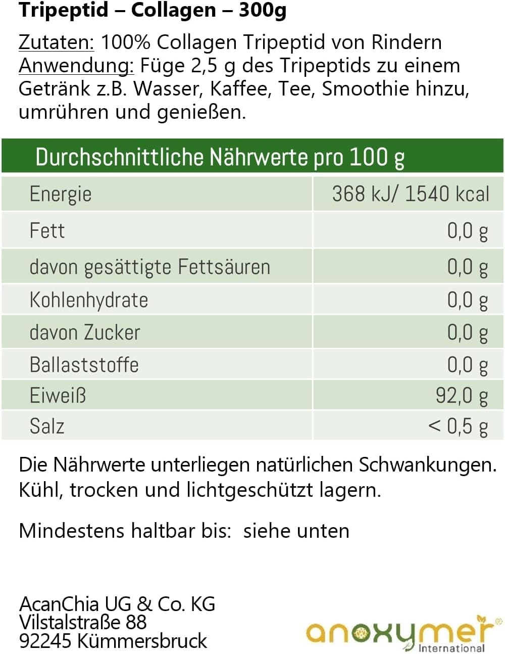 Collagen Hydrolysat - Tripeptid - Gute Löslichkeit - geschmacksneutral - ohne Zusätze - vom Rind - hohe Bioverfügbarkeit - nur 2,5g pro Tag (1 Teelöffel) (800g)