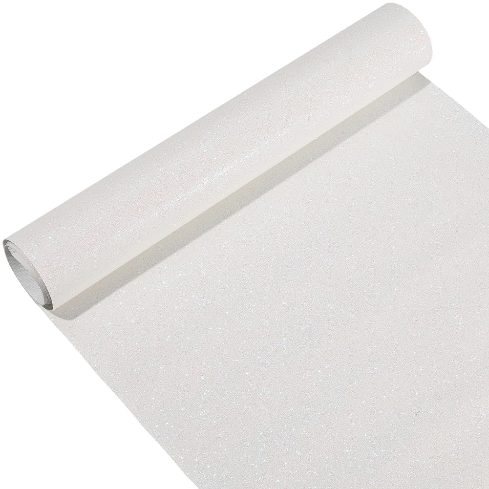 CALFOVERA 137 x 30cm Glitter PU Leather Sheets Sparkly Superfine Shiny Leather Rolls Sparkle Solid Fabric for DIY Crafts Patchwork Wedding Sewing Making Earrings Decorations (White)