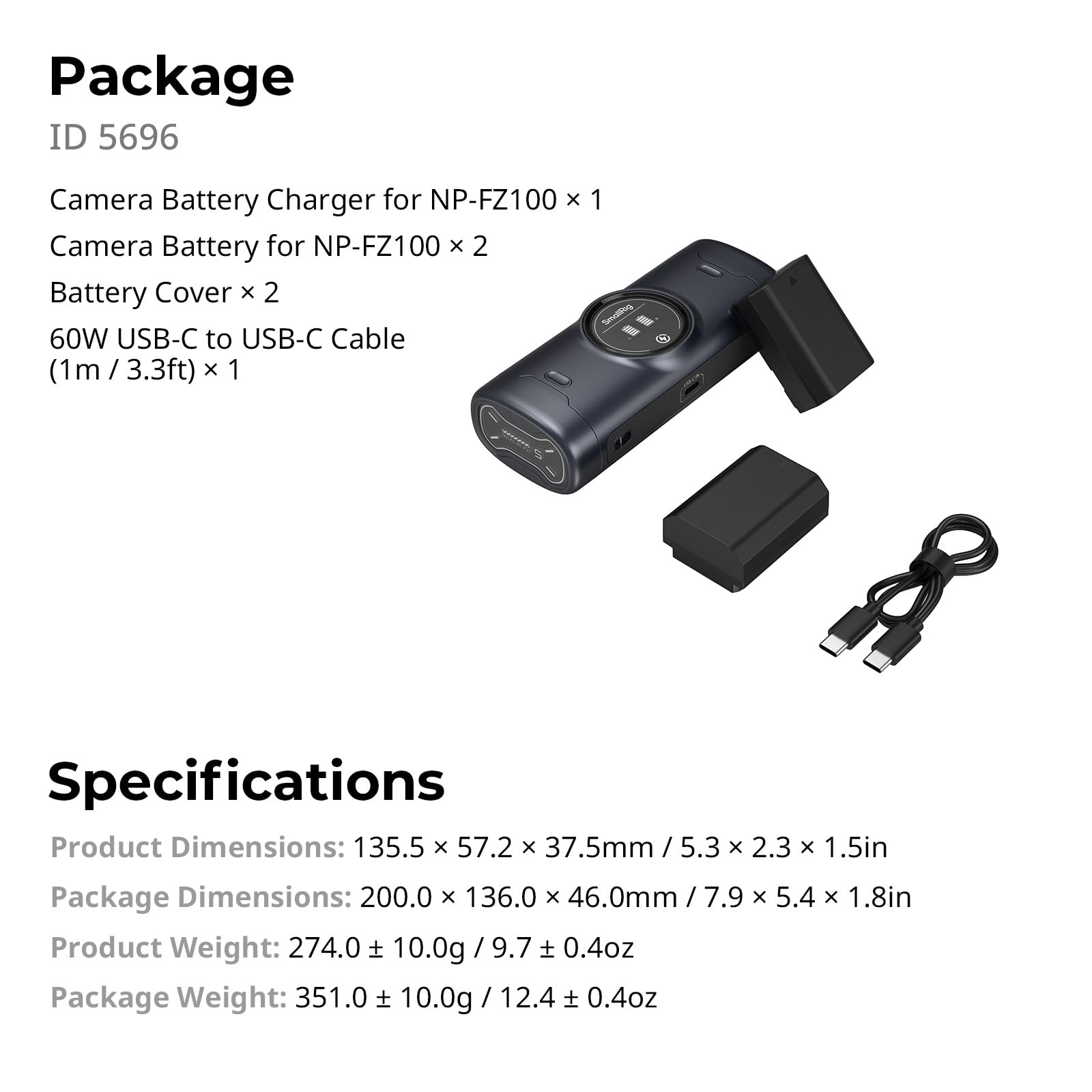 SMALLRIG Zestaw akumulatorów do NP-FZ100, 2520 mAh x 2, wysokowydajne ładowanie podwójne, do Sony NP-FZ100 A7 IV, A7C R, A7C II, FX3, FX30, A7 III, A7C, A7R IV, A7R III, A6700, ZV-E1-5696