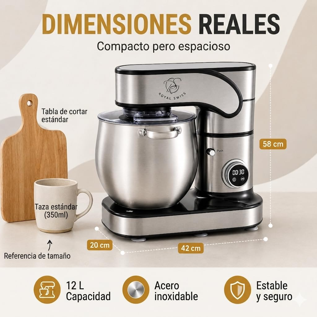 Royal Swiss Robot Pastelero Profesional 12L 2000W Mezcla Planetaria, Pantalla LED Táctil, 12 Velocidades, Cuenco Inox, Tapa Antisalpicaduras Gancho, Batidor, Batidora Multifunción