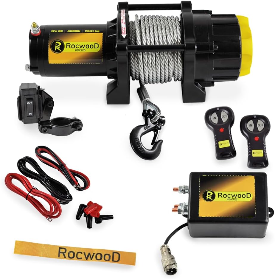 RocwooD Electric Winch 4500lbs / 2041kg 12V Steel Cable Recovery Winch Including Fairlead Roller, Mounting Plate & Wireless Remotes Offroad Heavy Duty