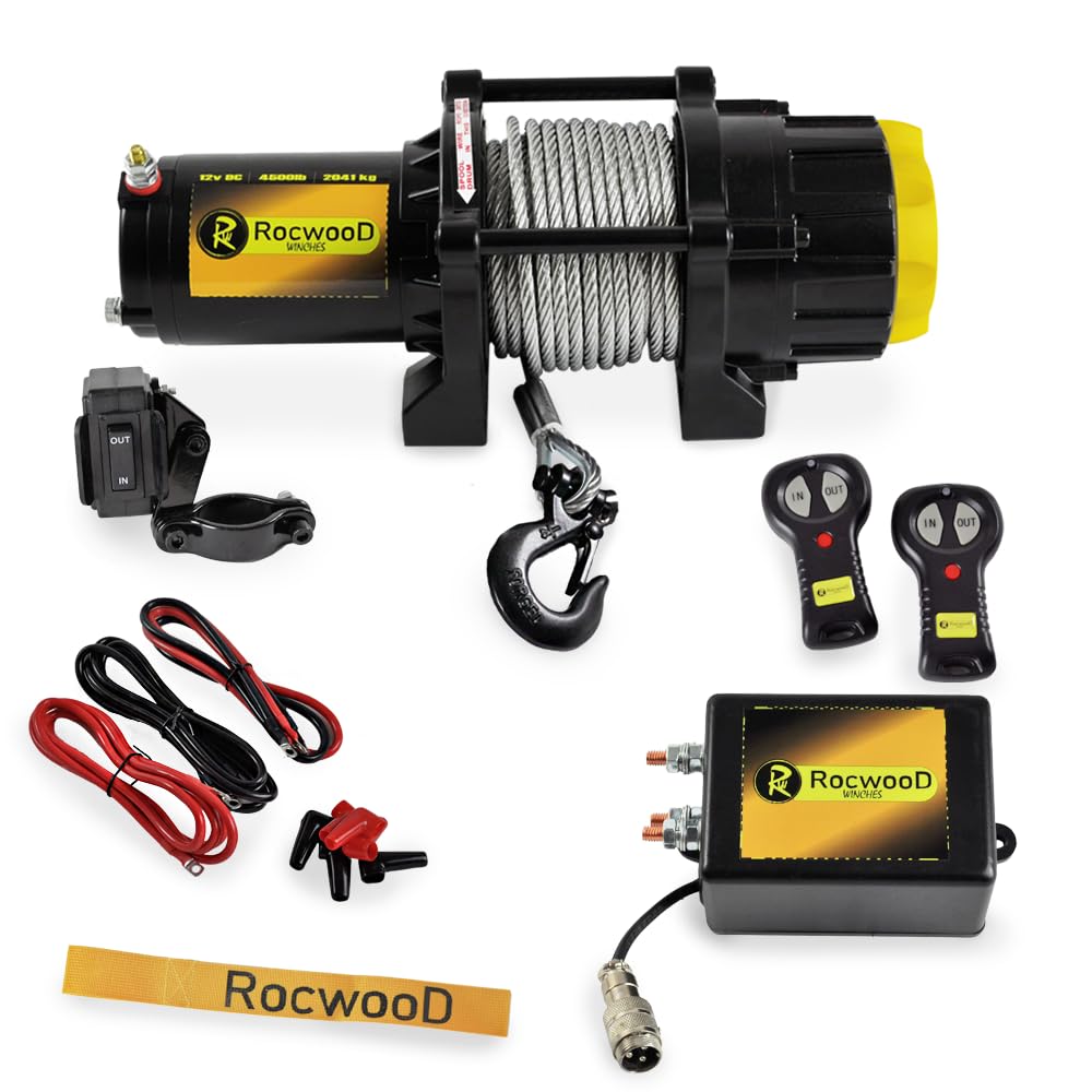 RocwooD Electric Winch 4500lbs / 2041kg 12V Steel Cable Recovery Winch Including Fairlead Roller, Mounting Plate & Wireless Remotes Offroad Heavy Duty