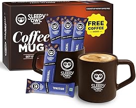 Sleepy Owl Coffee Mugs Set of 2 (200ml) with 5 Free Coffee Sachets | Eco-Friendly & Sustainable Cup | Microwave Safe | 100% Arabica Coffee with Mug