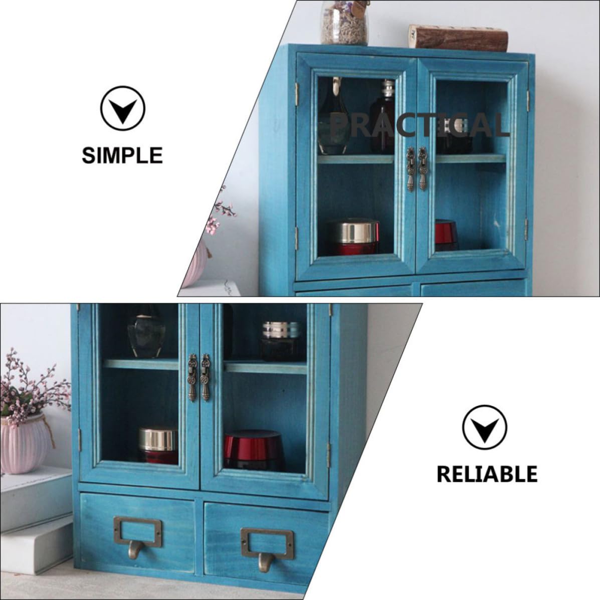 Homoyoyo Organizador de Maquillaje de Cajón de Madera Retro Azul con Doble Caja de Almacenamiento con Compartimentos para Joyas y Objetos Pequeños Diseño Práctico para Escritorio y Hogar