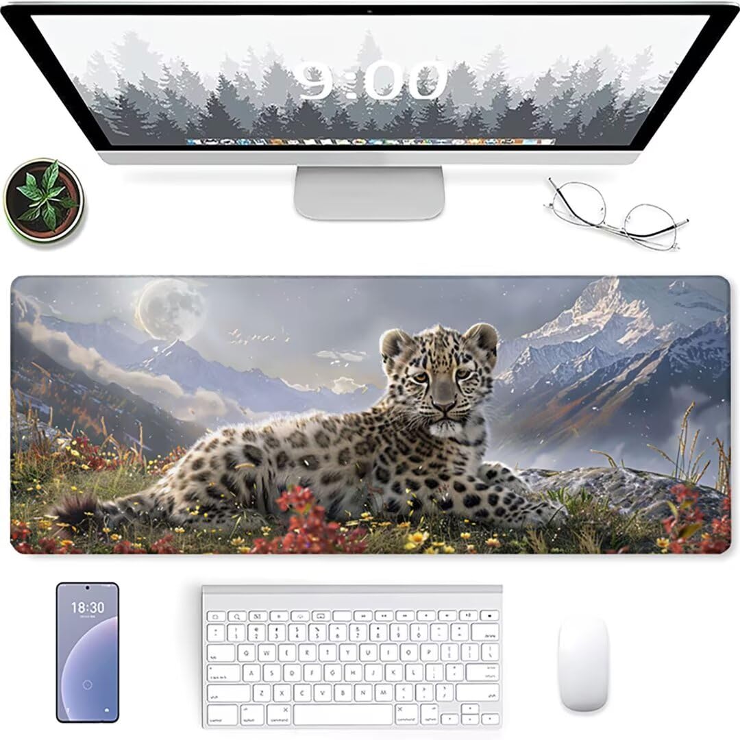Excel Shortcut-Tasten-Mauspad - erweitertes großes 1200 x 600mm XL-Spickzettel-Gaming-Mauspad | PC-Büro-Tabellenkalkulation-Tastaturmatte | rutschfeste genähte Kante Weiß Leopard