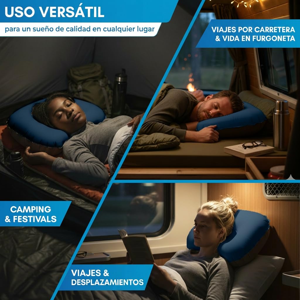 NORDMUT® Almohada de Camping Inflable [SoftSleep+] Almohada cómoda Ultraligera-pequeño tamaño – Inflable con Funda Lavable (Azul)