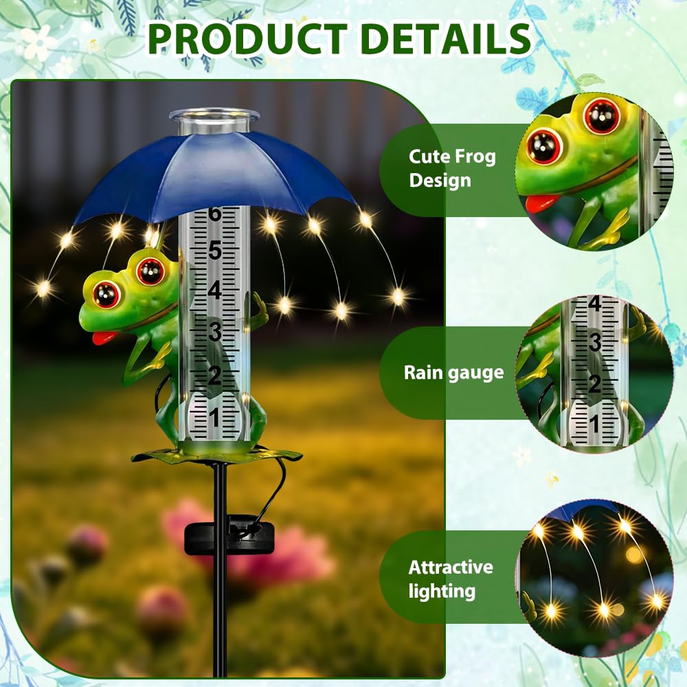 7-Zoll Regenmesser, Niederschlagsmesser mit Erdspieß und Solar-LED-Leuchten, Frosch Regenmesser Frostsicher, Gut präzise et Ablesbar, Gartenzubehör, dekorativ für Garte Rasen Terrasse und Hof