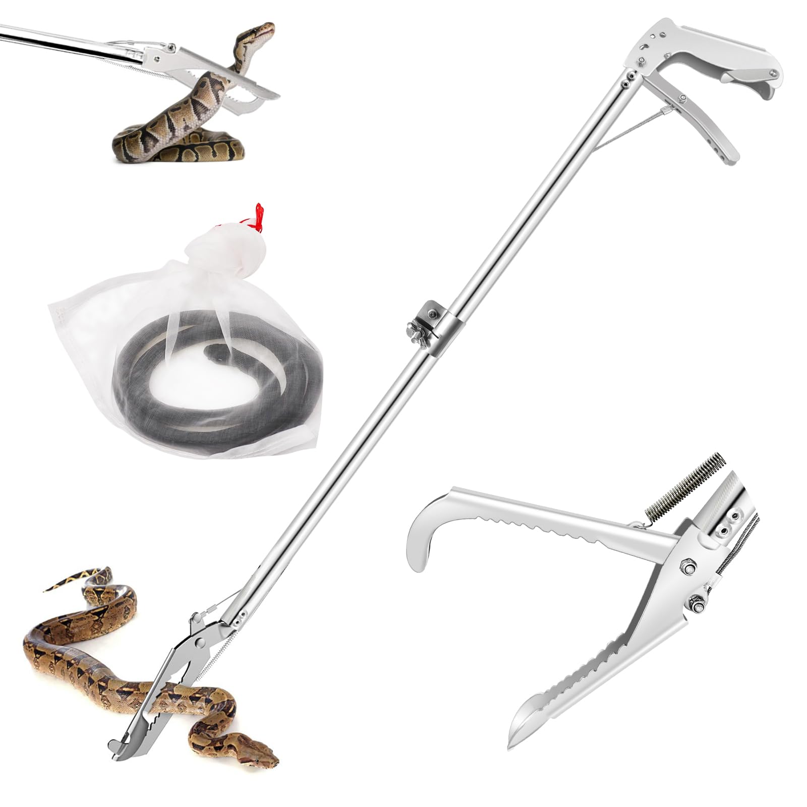 60" Snake Tongs,Professional All-Aluminum Alloy Snake Tong Reptile Grabber Rattle Snake Catcher Wide Jaw Handling Tool with Lock,Snake Bag is also included (60'')(Aluminium alloy protective film) (A)