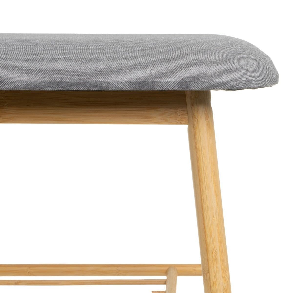 Banco zapatero de bambú marrón y poliéster gris para entrada, de 90x30x44cm | Mueble 2 en 1 robusto y acogedor. Organiza fácilmente tu calzado y disfruta del máximo confort al calzarte todos los días