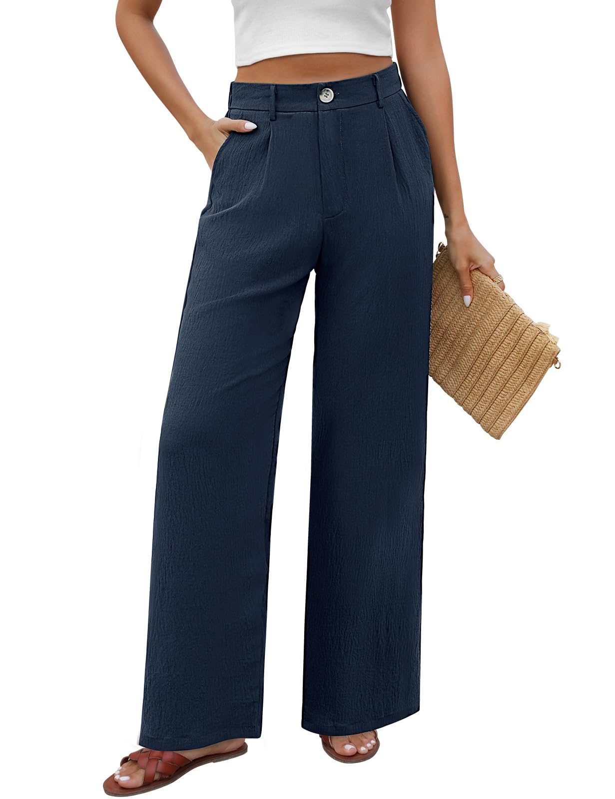 PASUDA Hose Damen Sommer Weites Bein Freizeithose Hight Waist Geradem Sommerhose Leichte Bequeme Lässige Anzughose Hosen Lang mit Taschen, Knopfleiste