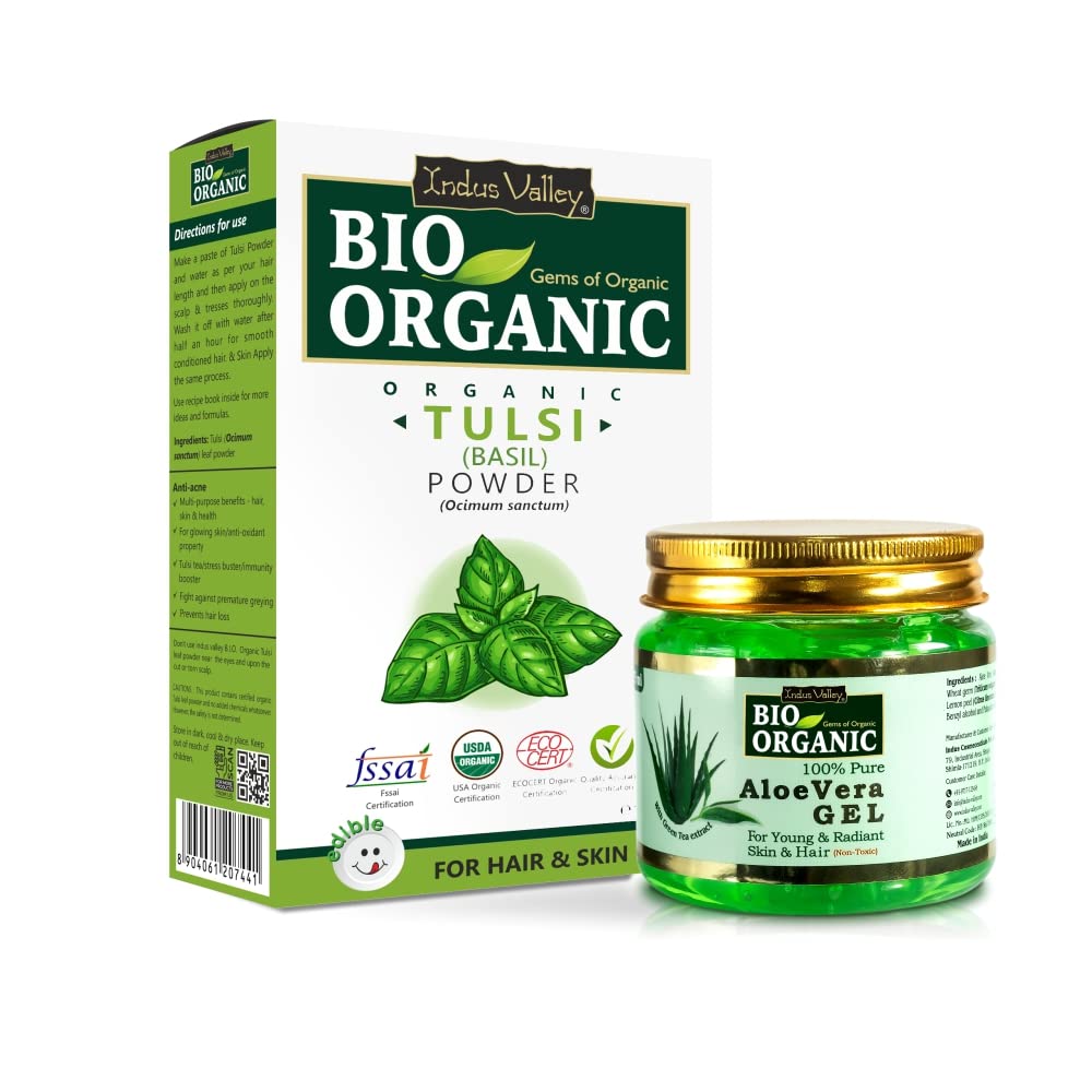 INDUS VALLEY Skin and Hair Care Combo | Natural Tulsi Leaf Powder | Ocimum Sanctum With 100% Organic and Pure Non-Toxic Aloe Vera Gel (100g +175ml)