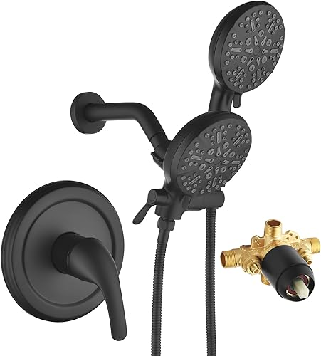 INAGE Juego de grifo de ducha negro mate con desviador de agua de 3 vías, sistema de ducha dual con accesorio de ducha 2 en 1 de mano, kit de