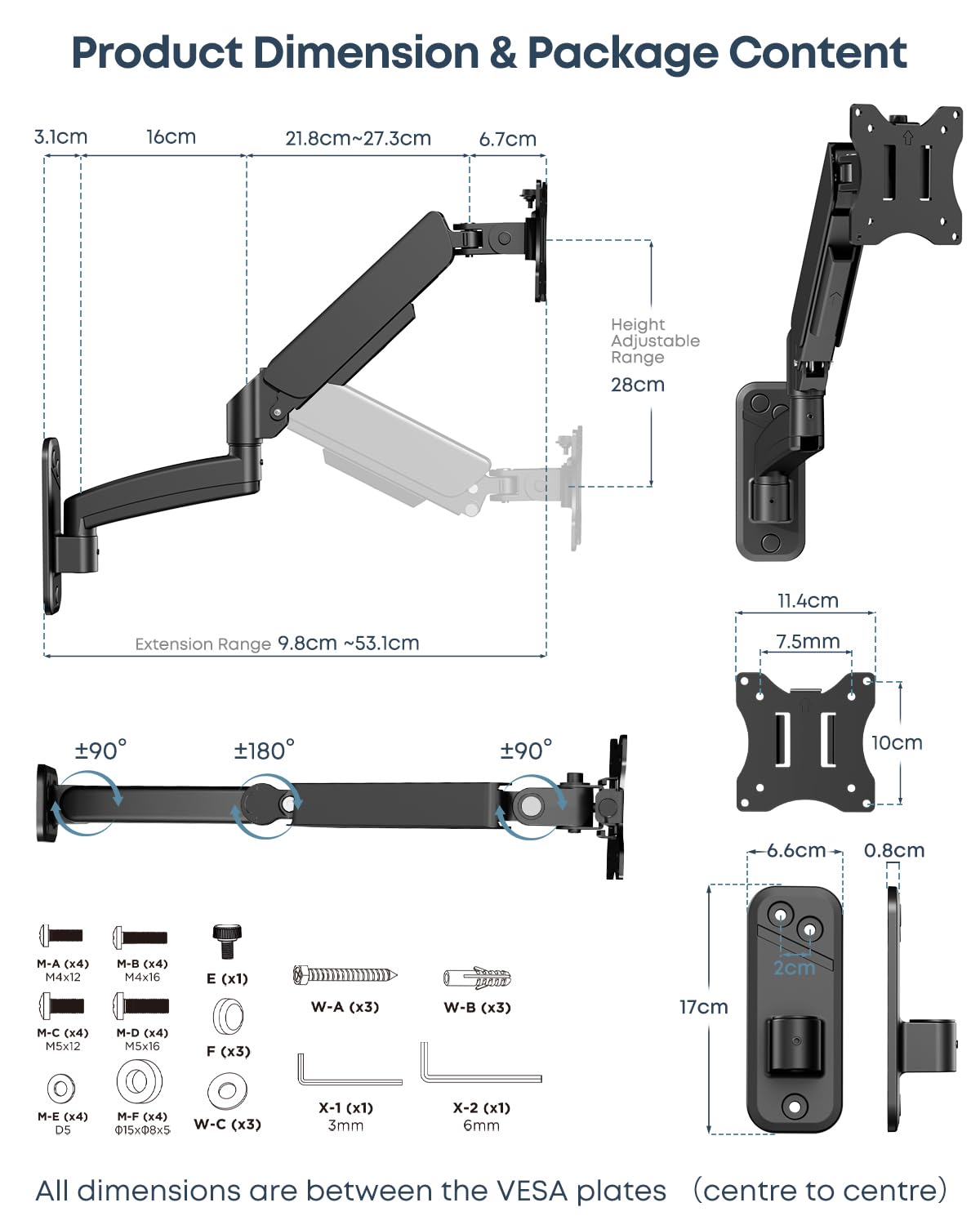 WORLDLIFT Support Mural Moniteur PC 17-32" Bras Ergonomique Réglable 9 kg VESA 75x100 mm
