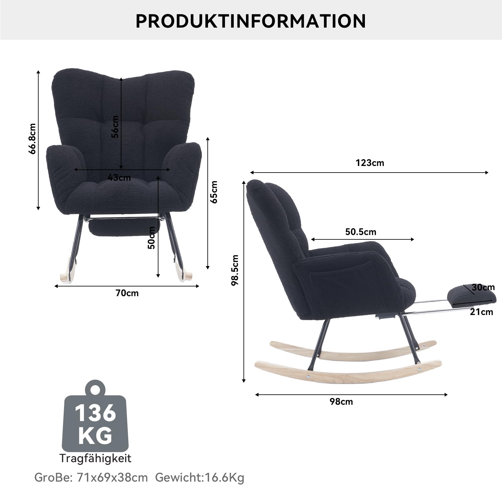 Mecedora, cómoda silla de lactancia, mecedora con reposapiés para sala de estar, dormitorio, cómoda silla de lectura para habitación infantil, adecuada para salón, dormitorio (negro)