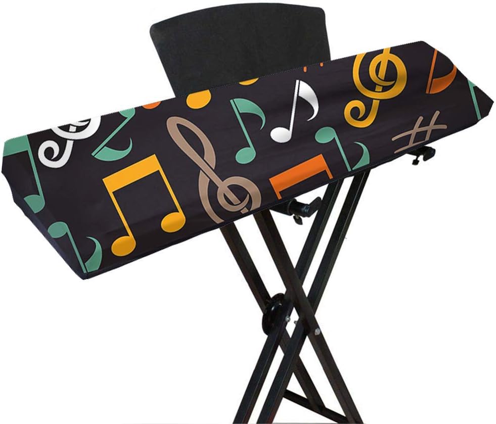Electronic Piano Keyboard Cover, Stretchy Spandex Dust-proof Cover with Adjustable Elastic Cord Locking for Electronic Keyboard, Music Symbol Print On Black, Suit for 61/88 Keys