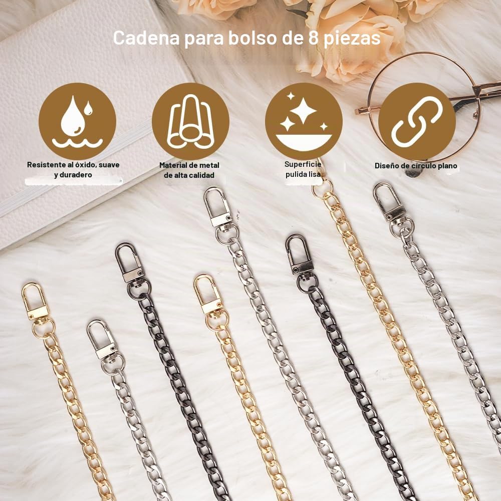 8 Piezas Cadenas de Bolsa Oro Plateado, Cadenas para Bolsos Set de Mujer con Hebillas, Duradero Sin Correa de Cadena Plana Metal para DIY Bolso de Hombro, Embragues, Carteras (40cm, 60cm, 80cm)