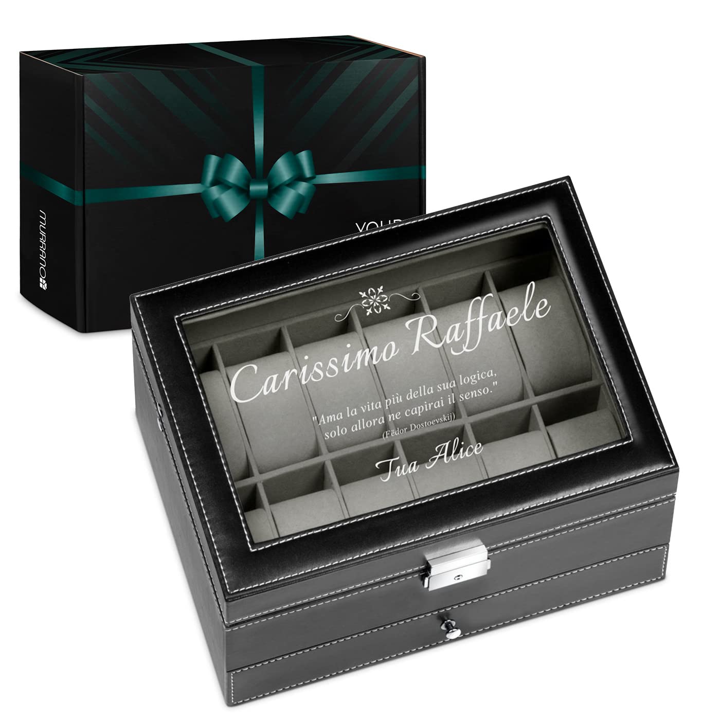 Maverton Cofanetto Porta Orologi e Gioielli con 12 scomparti e 1 cassetto - Custodia Orologi - Coperchio in vetro - Fodera in velluto - incisione personalizzata - regalo uomo - regalo di Natale - Vita