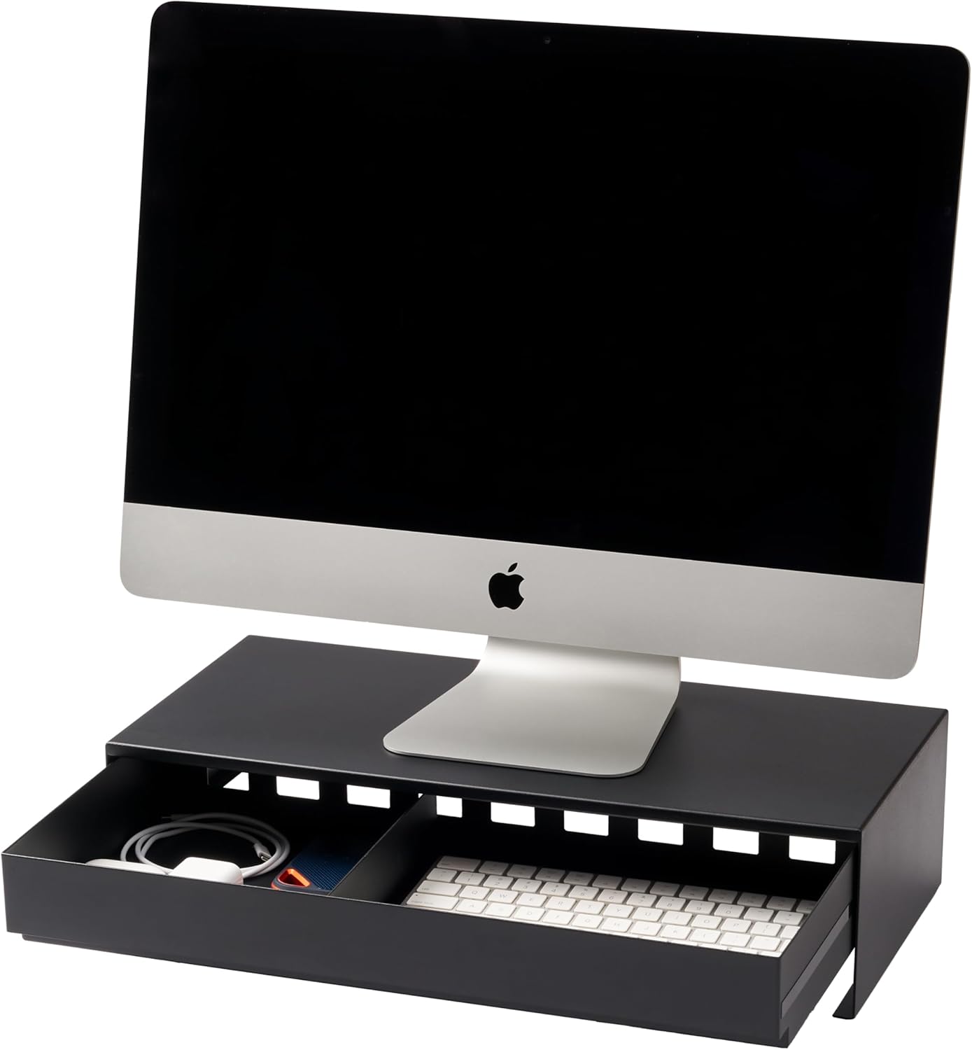 YAMAZAKI Home Tower Monitor Stand With Drawer – Monitor Riser With Storage, Desk Monitor Stand With Cable Management, Gaming Organizer, Steel, Black - Steel