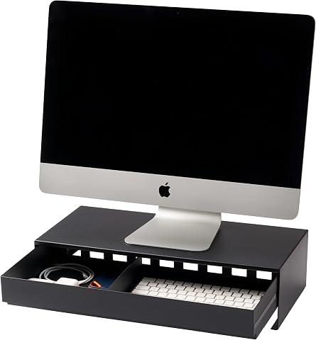 Yamazaki Home Tower Monitor Stand with Drawer, Cable Management, and Storage - B