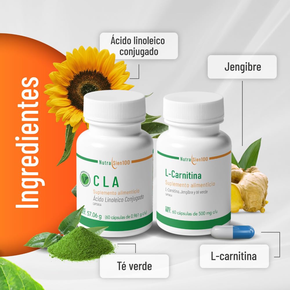 l carnitina y acido linoleico conjugado Nutrasien100 | L-Carnitina y CLA Vegano | 60 Cápsulas | Energía Natural y  Termogénico Diario