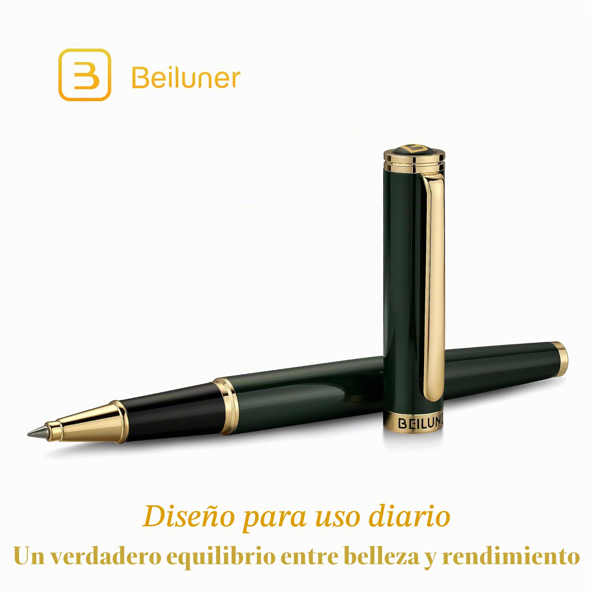BEILUNER Bolígrafo Roller de Lujo, Detalles Dorados 24K, Diseños Nobles y Elegantes, Recambio Schneider, Mejor Set de Regalo para Hombre y Mujer, Profesional, Oficina Ejecutiva - Verde y Oro