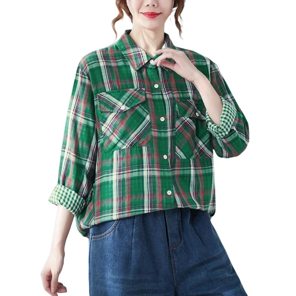 Kariertes Baumwollhemd Für Damen,Orangefarbenes Revers Button Down Hemd,Mantel Oberteile,Retro Doppelkaro Hemd,Blusen Top,Lässige Boyfriend Jacke,Shacket Mit Taschen