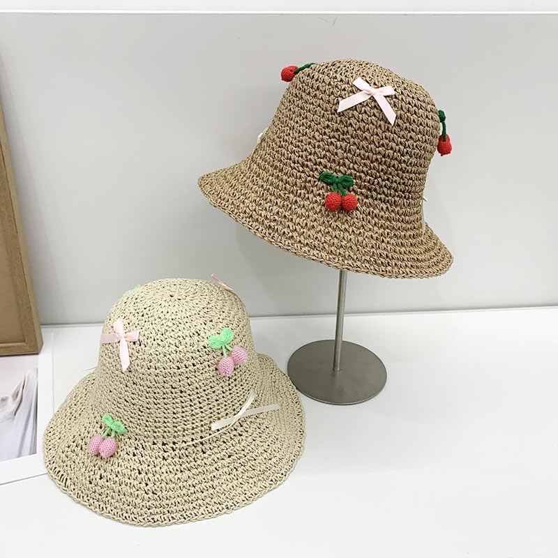Sombrero de Paja de ala Ancha para Mujer,Plegable,Flexible,Ligero,con Lazo de Cereza,Transpirable,para Playa,para Caminar y Viajar