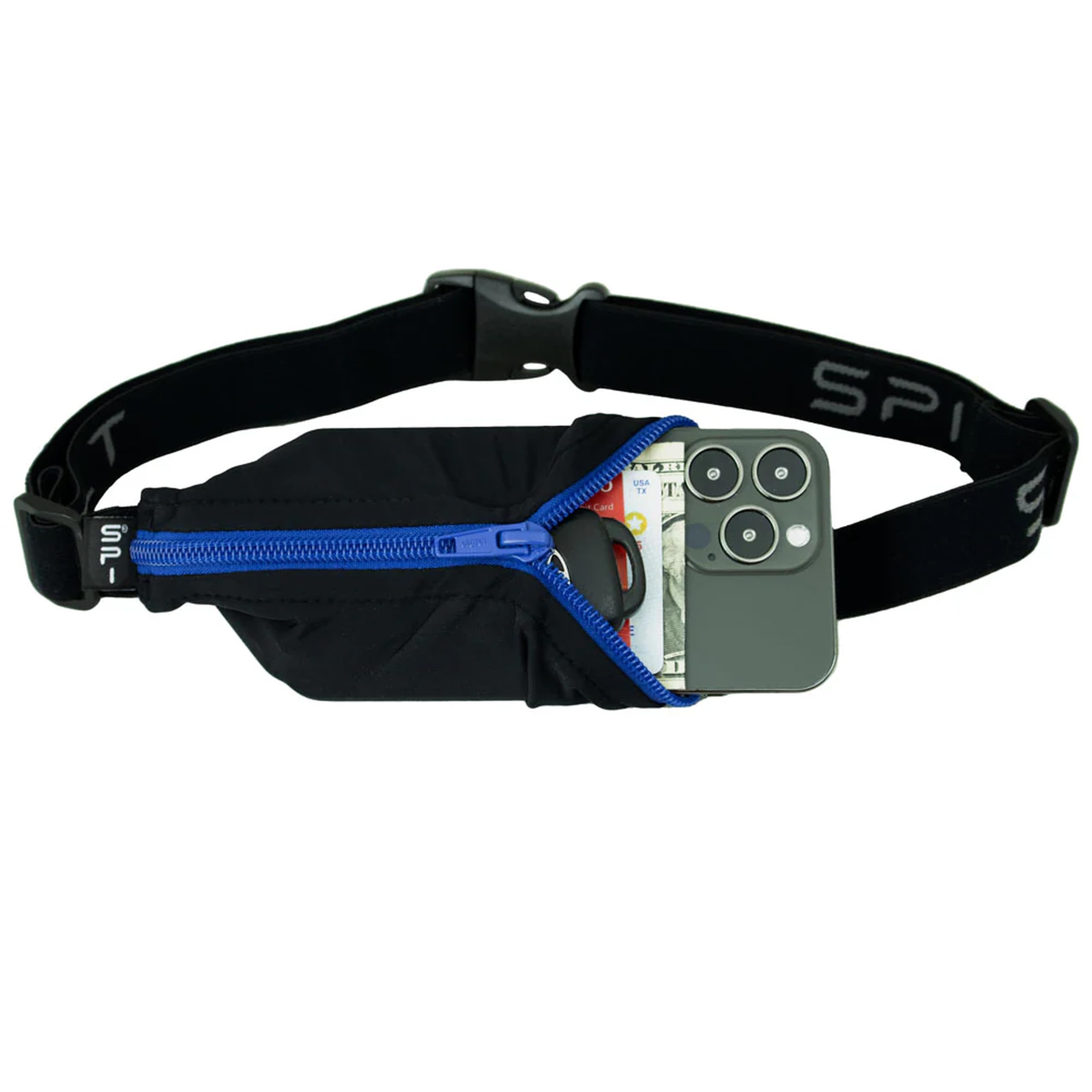 SPIbelt Running Belt Original for Women Men, Phone Holder for Running, Running Fanny Pack, Holder for Phone, Running Waist Pack, Adjustable Waist, [Fits All Phones]. Black with Blue Zipper