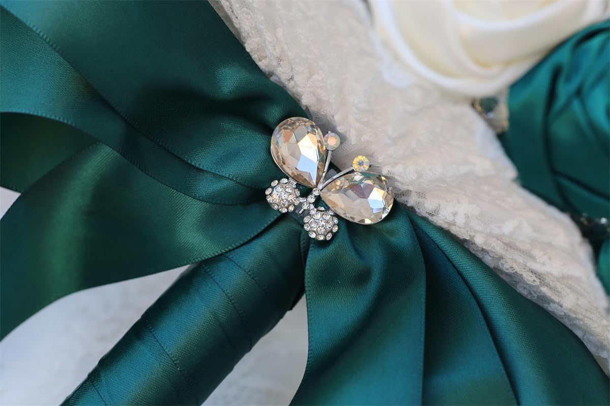 Handmade Wedding Bridal Bouquet Satin Rose Artificial Flower Bouquet for Bride Bridesmaid Holding Toss Round Wedding Bouquets Sparkling Rhinestone Brooch Crystals (Dark Green & Ivory, 8.7"/22cm)