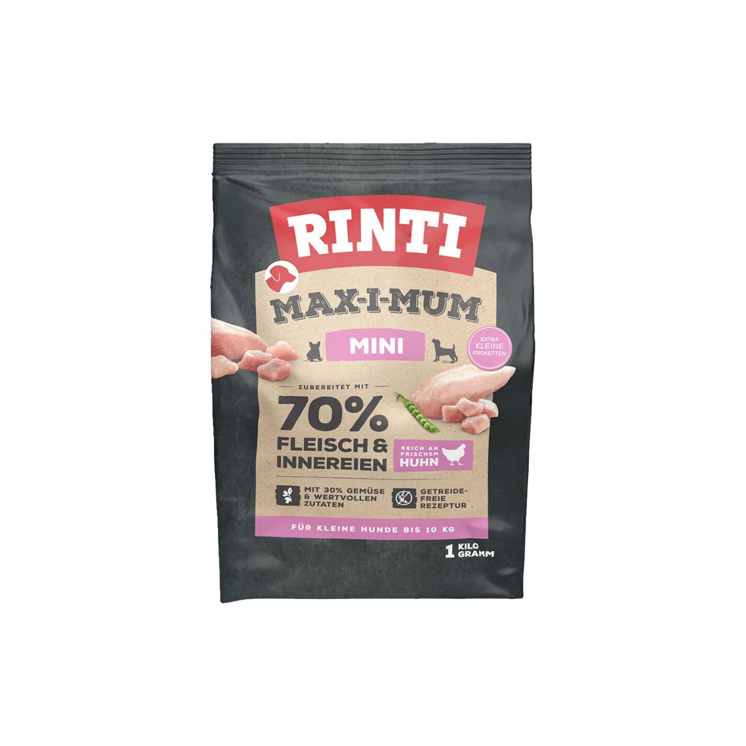 RINTI - Max-i-Mum Mini | Trockenfutter für kleine, ausgewachsene Hunde mit 70% Fleisch & Innereien. Getreidefreies Alleinfutter mit ausgewogenem Protein-/Fett-Verhältnis | 7x1kg Huhn