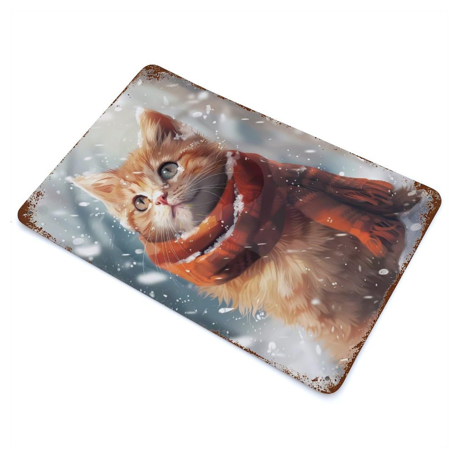 Orange Kitten in Winter Aged Metal Wall Plaque 11.8"x7.9", Industrial Home Decor for Pub, Kitchen And Man Cave Decor