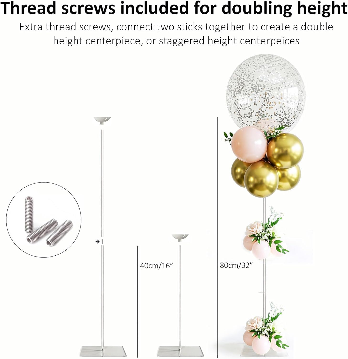 Akrylowe stojaki na balony wielokrotnego użytku, przezroczysty, regulowany zestaw uchwytów na drążki na stół, urodziny, dekoracje weselne (6 sztuk, 40 cm)