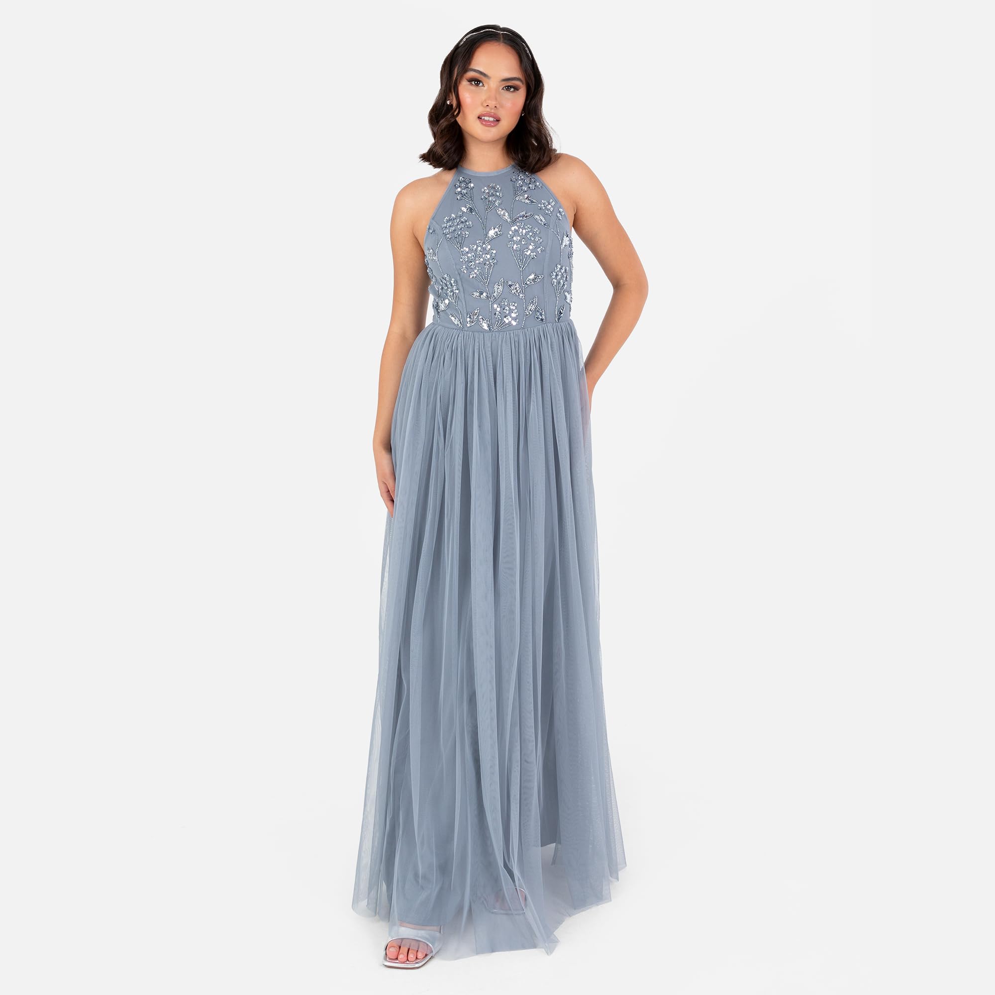 Maya Deluxe Women's Maxi Dress Ladies Halterneck Sleeveless Floral Sequin Embellished Tulle A-Line Bridesmaid Prom Ball Gown Dress Mujer (Pack de 1)