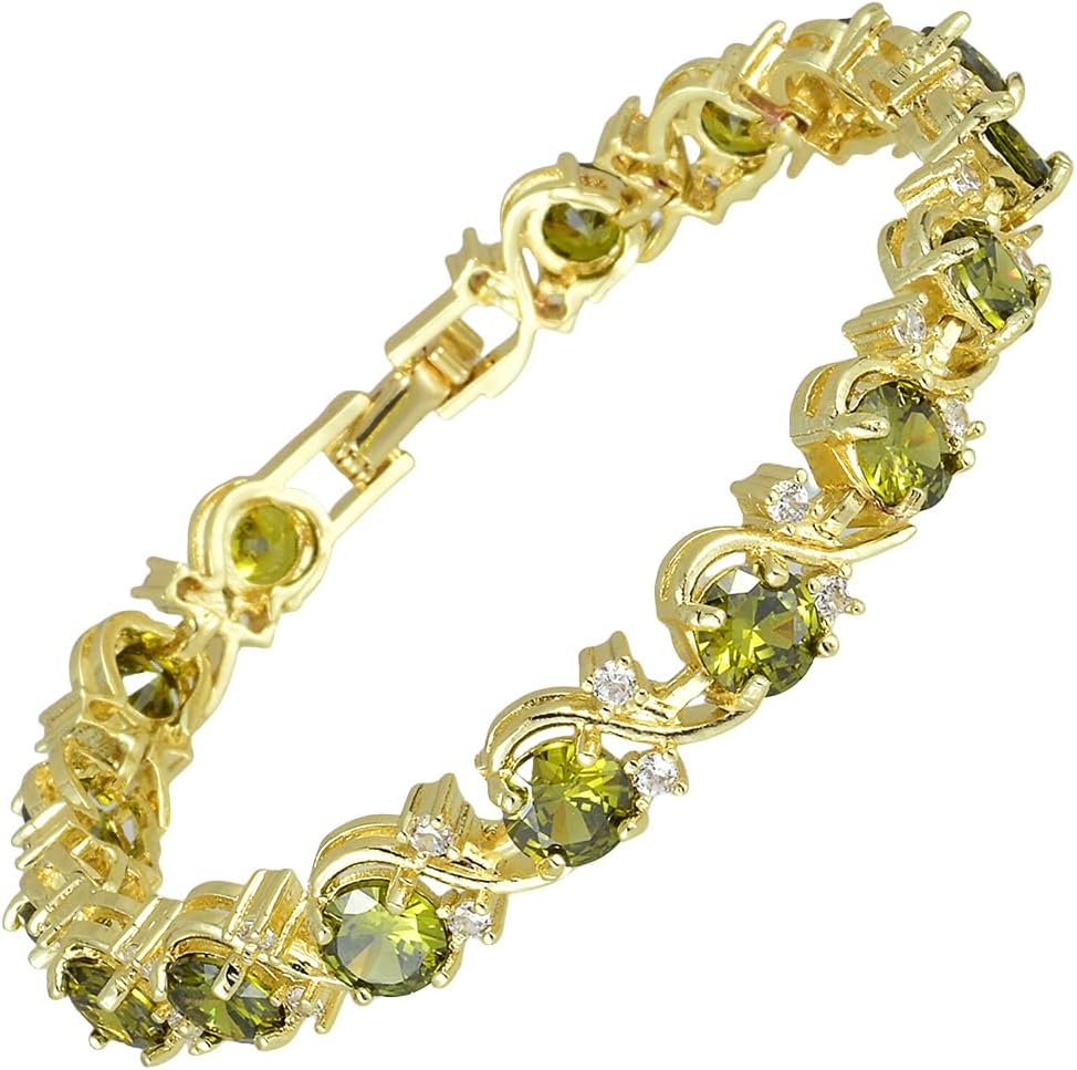 RIZILIA BLOSSOM 14K Gold Plated Tennis Bracelet for Women - Colorful Birthstone 6mm Round CZ Gemstones, 7 Inch Hypoallergenic with Gift Box, Perfect Anniversary Birthday Gift