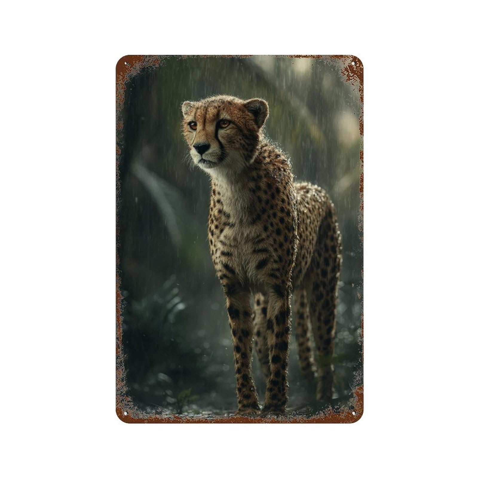 Vintage Rust Metal Sign with Rainy Jungle Cheetah Design 11.8"x7.9", for Shed, Workshop And Garage Wall Decor, Retro Wall Decor