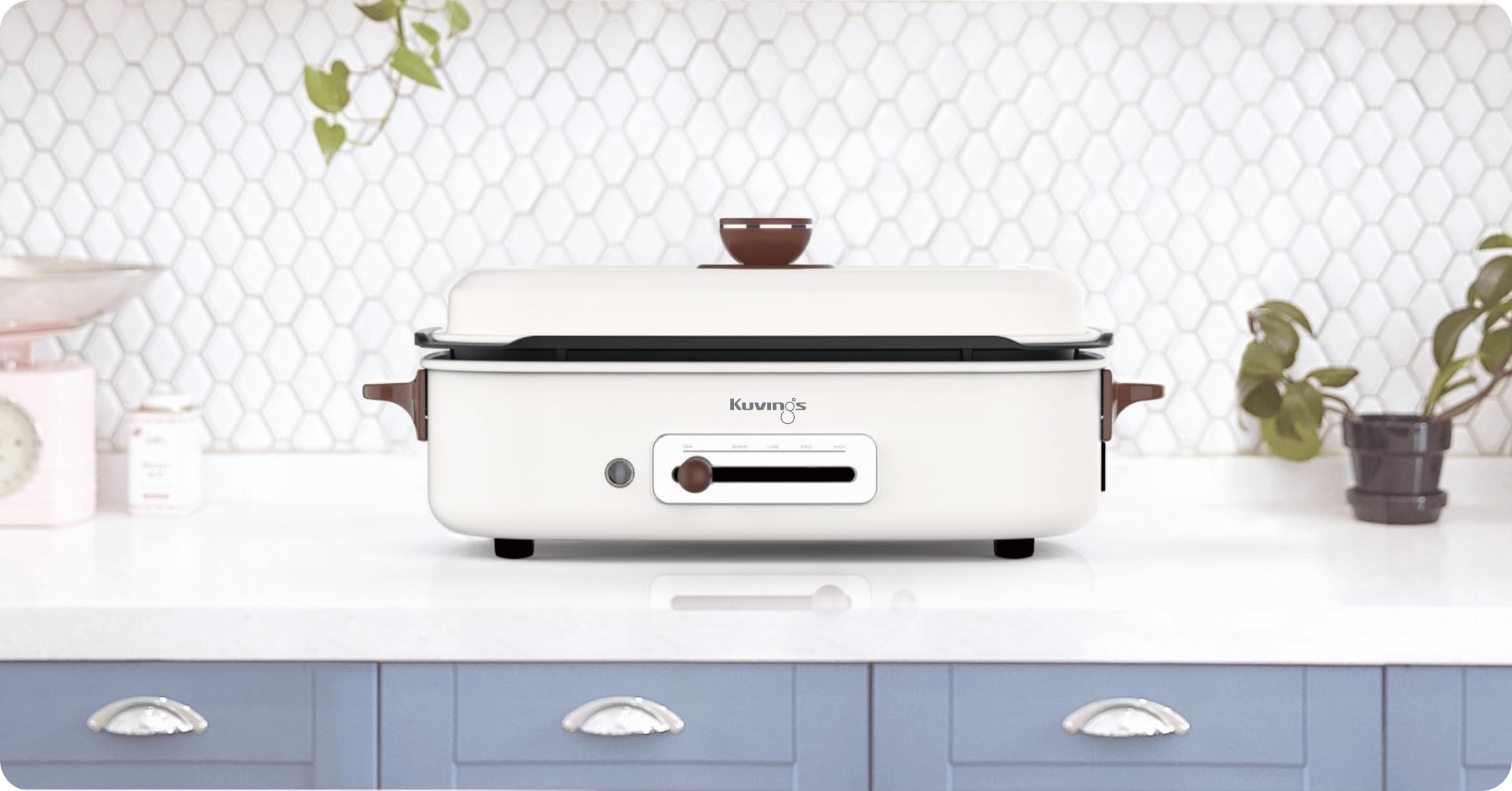 Kuvings MultiGrill Ceramic Plus - grill kontaktowy wielofunkcyjny z płytami ceramicznymi, 65-250°C, 1200-1400 W, 2 płyty (śniadaniowa i głęboka), beżowy