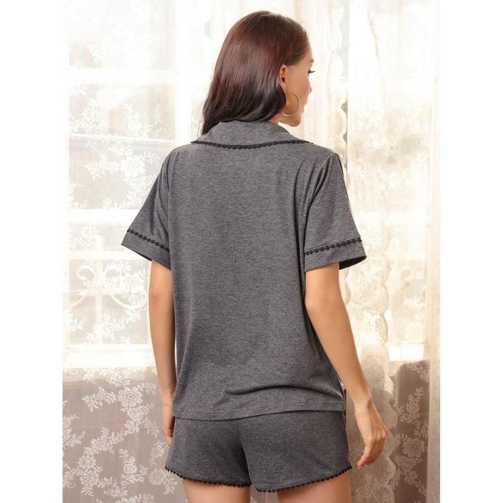 Donna Pigiama Estivo Due Pezzi,Pigiama A Maniche Corte da Donna in Pizzo A Pois con Risvolto Grigio Set da 2 Pezzi Pigiama da Donna Morbido E Confortevole Loungewear Regalo per La Festa della Mamma