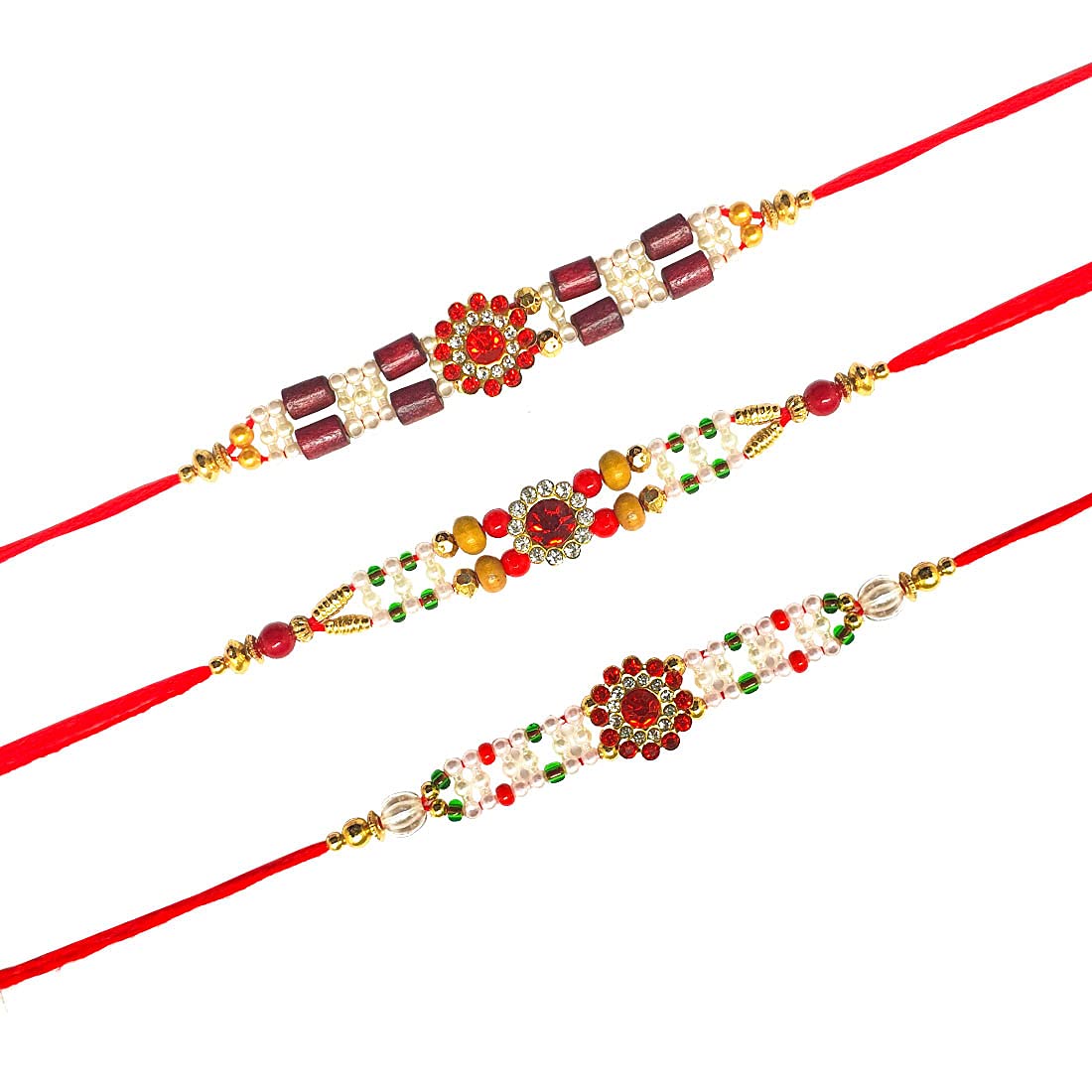 Red Multi Stone Designer Rakhi Bracelet for Brother on Raksha bandhan with Multicolor Beads Traditional Rakhi Thread Set of 3
