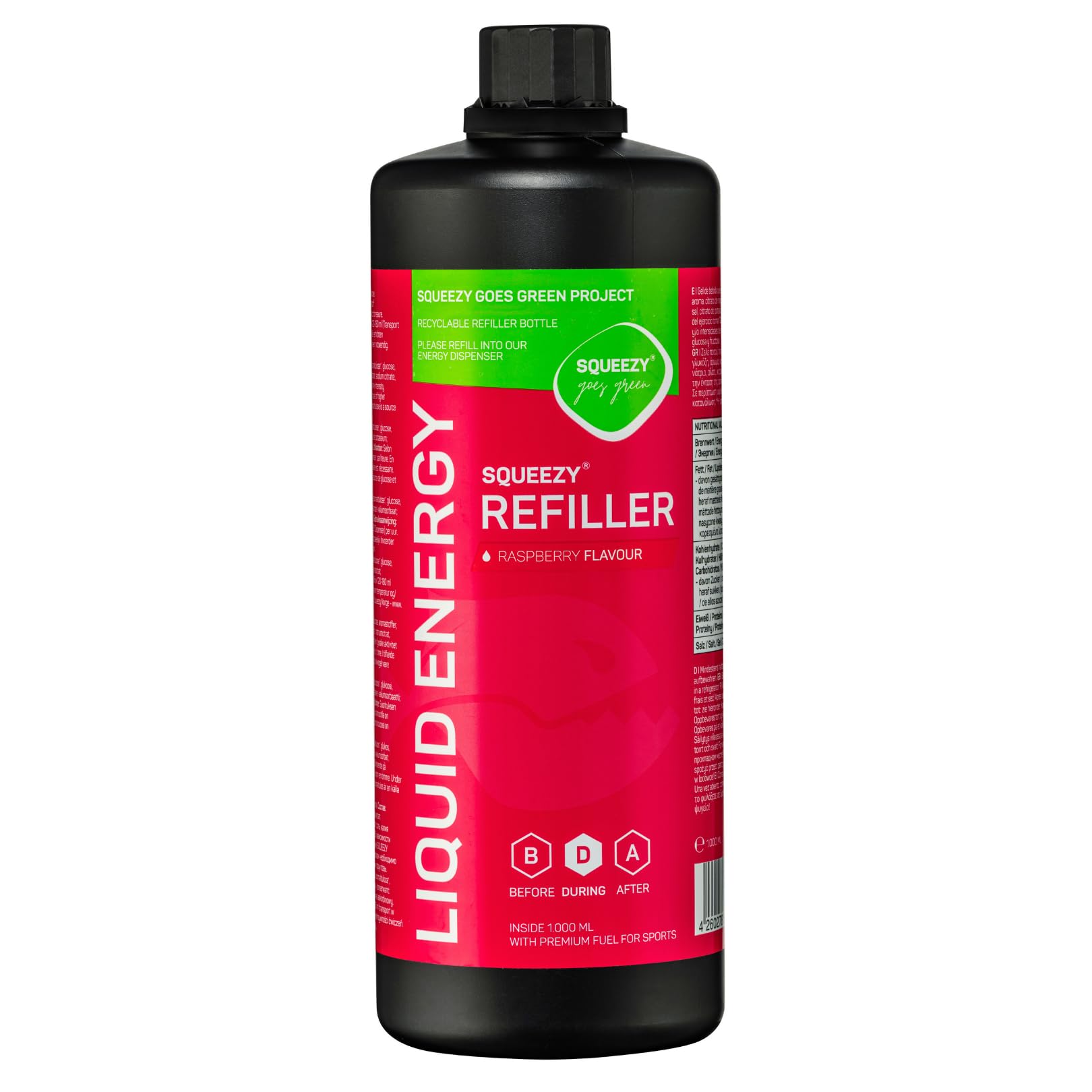 Squeezy Liquid Energy Refiller (Himbeere) 1000 ml - Sport Energy Gel mit erhöhtem Wasseranteil für schnelle & dauerhafte Energie bei maximaler Verträglichkeit beim Ausdauersport - ohne Nachtrinken
