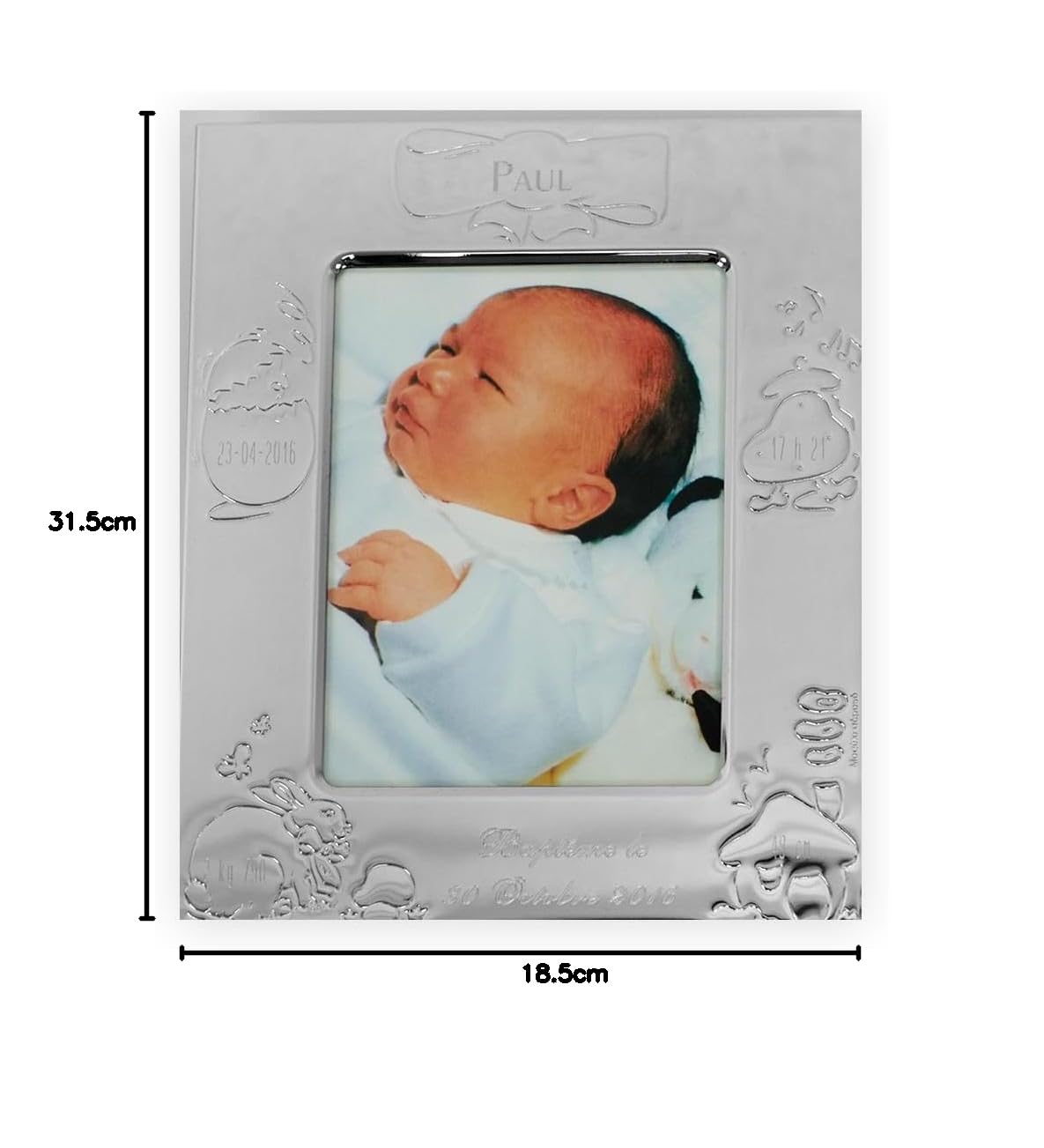 Spersonalizowane pudełko upominkowe z okazji narodzin dziecka, srebrna ramka na zdjęcia 13 x 15,5 cm i smycz 70 x 70 cm