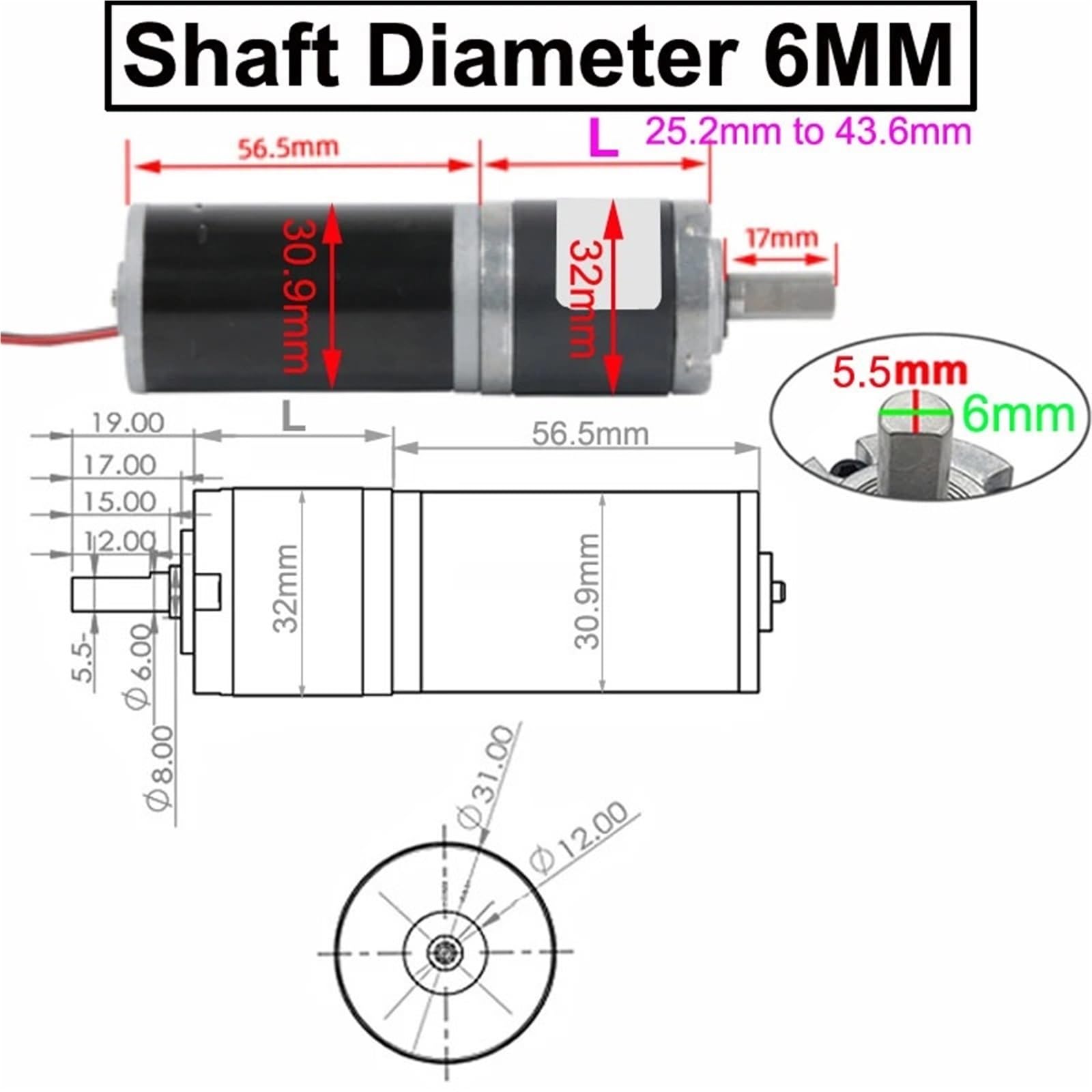32GP-31ZY Miniatur-Planetengetriebe aus Metallstahlrohr, DC 12 V 24, Getriebemotor, hohes Drehmoment, lange Lebensdauer, geräuscharm, kleiner Motor(Shaft Diameter 6MM,160RPM-12V)