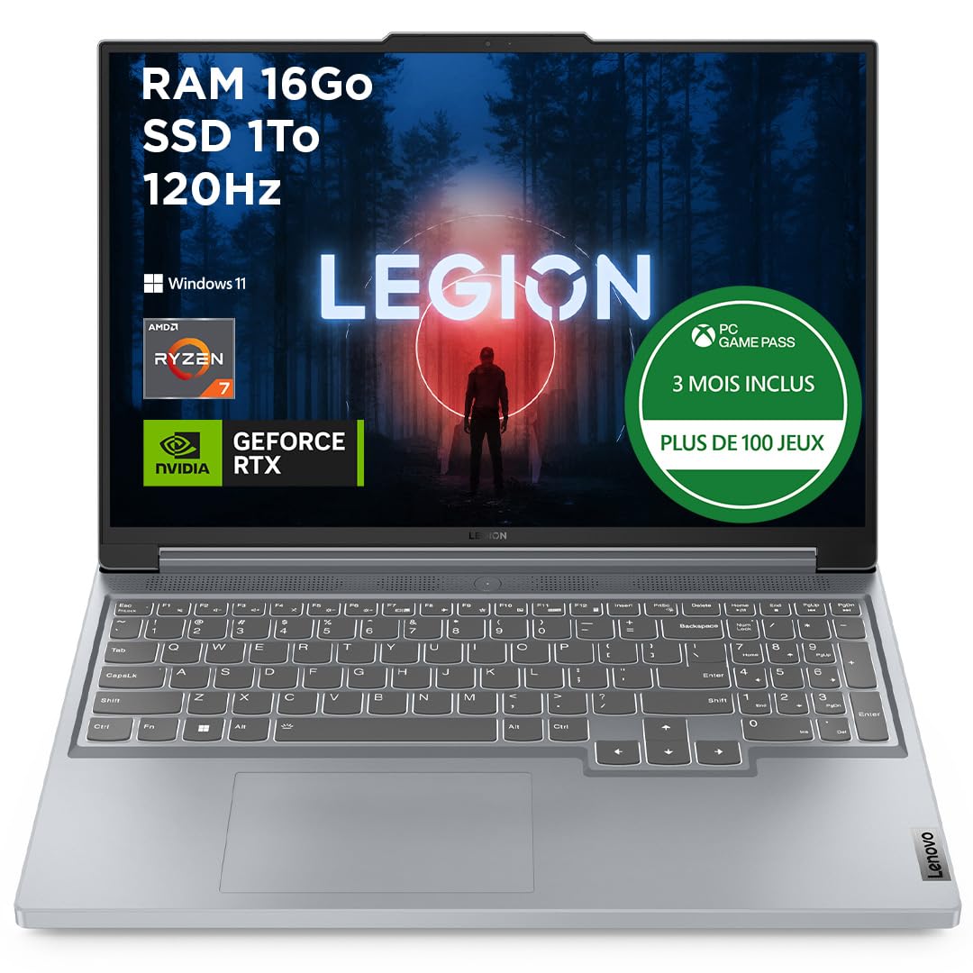 Lenovo Legion Slim 5 16APH8 - Ordinateur Portable Gaming 16'' WQXGA 240Hz (AMD Ryzen 7-​7840HS, RAM 16Go, SSD 1To, NVIDIA RTX 4070 8Go, Windows 11 Home) Clavier rétroéclairé AZERTY Français - Gris