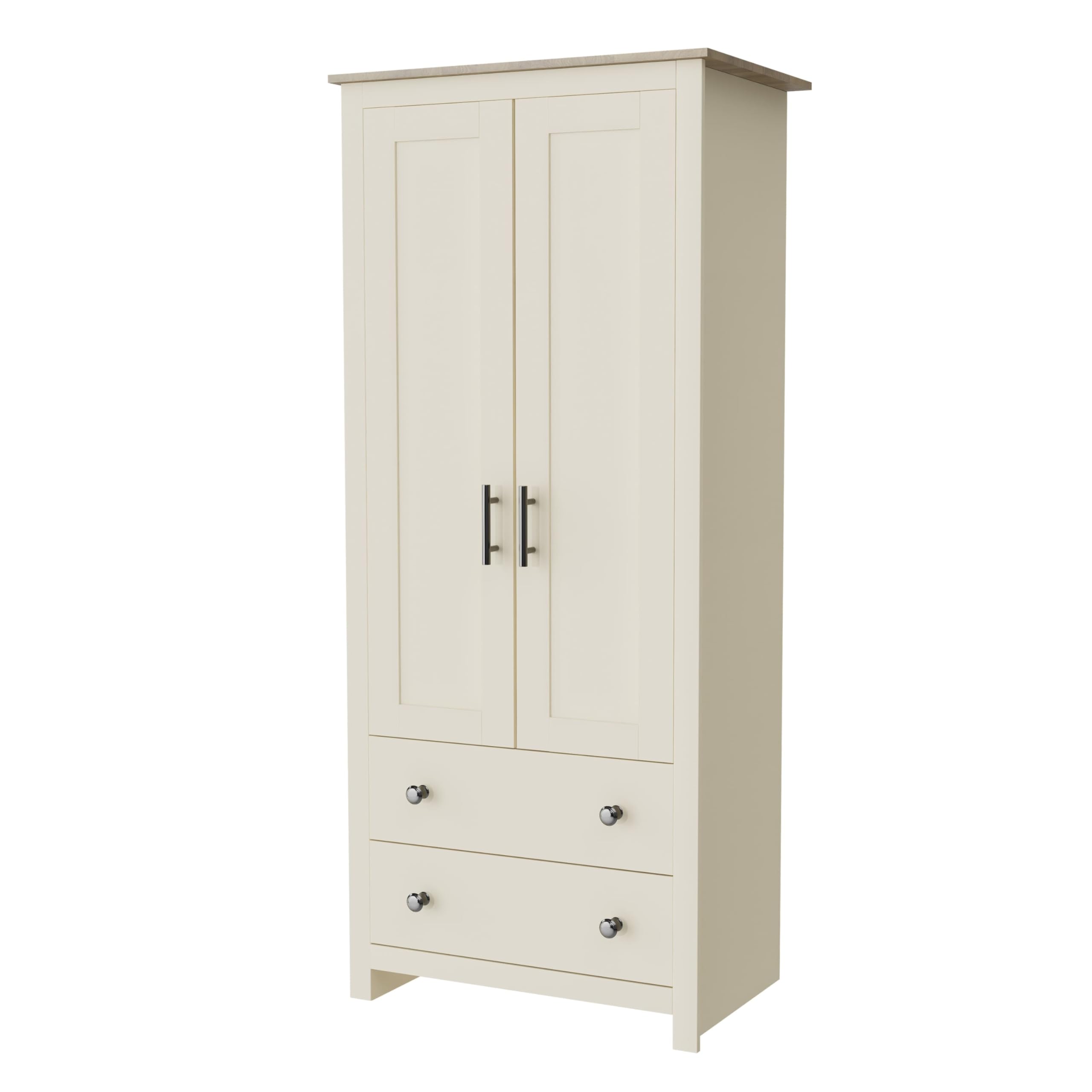 Nera 2 Door Wardrobe with Drawers and Hanging Rail Oak Coloured Top Slim Wardrobes for Small Bedrooms Storage (Cream on Oak)