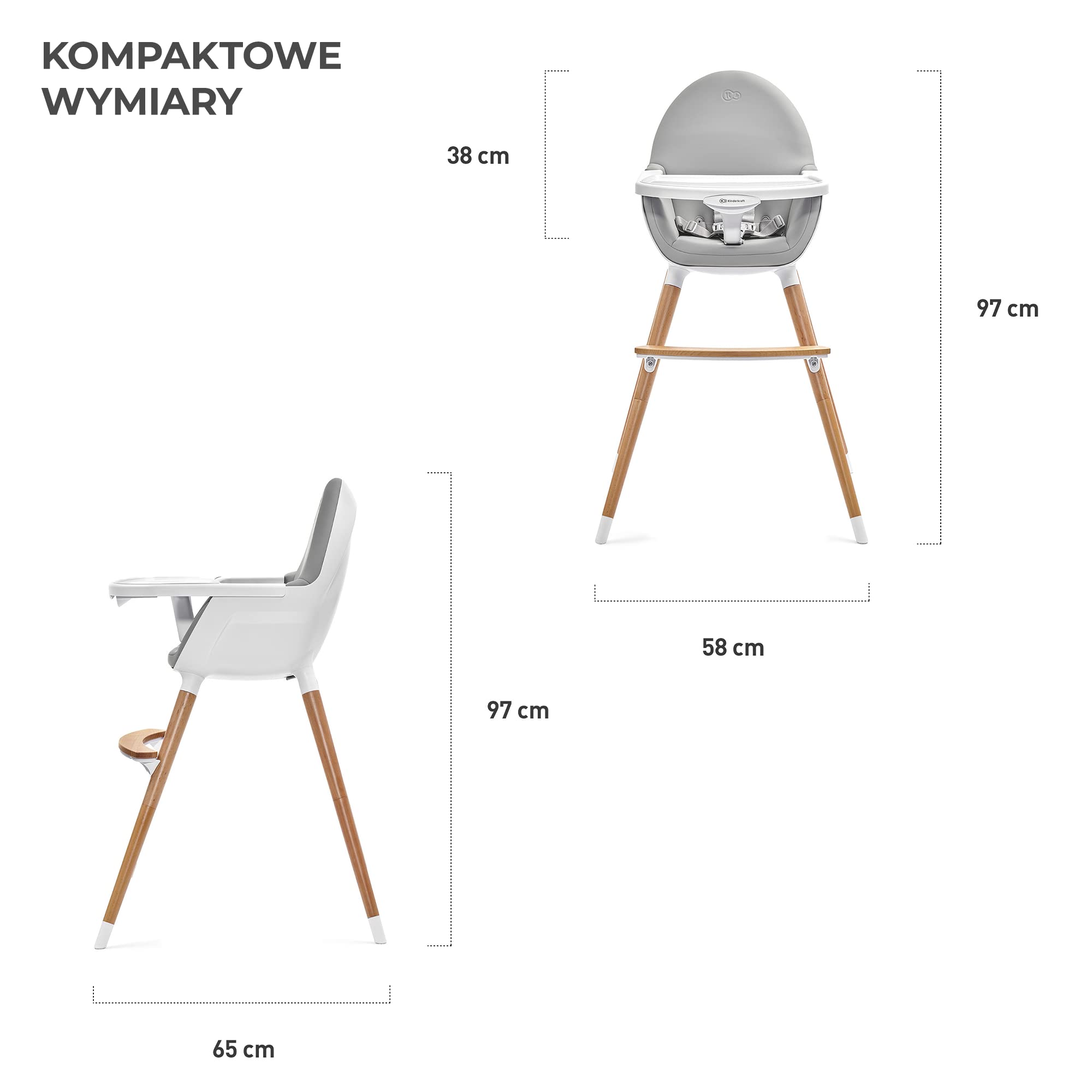 Kinderkraft Krzesełko do karmienia FINI 2w1, Krzesło dla starszaka, Regulowana zdejmowana tacka, Drewniane antypoślizgowe nożki, 5-Punktowe pasy bezpieczeństwa, Łatwy w czyszczeniu, do 5 lat, Szary