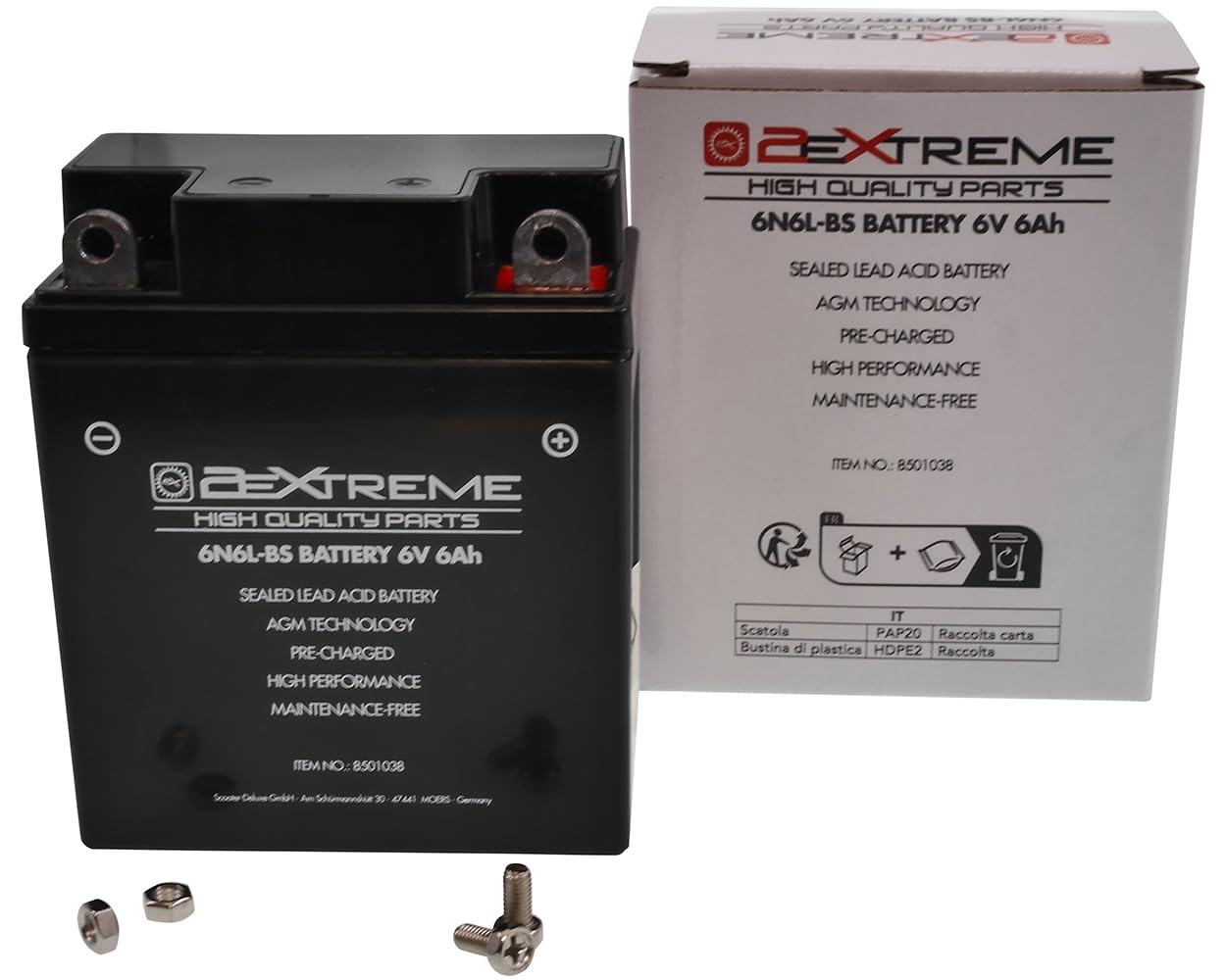 2EXTREME Batterie 6N6L-BS 6V, 6Ah AGM wartungsfrei, 97x55x115mm kompatibel mit Honda CB 125, SL 125, XL 250, kompatibel mit Yamaha DT 125 175 250 400, XT 500,
