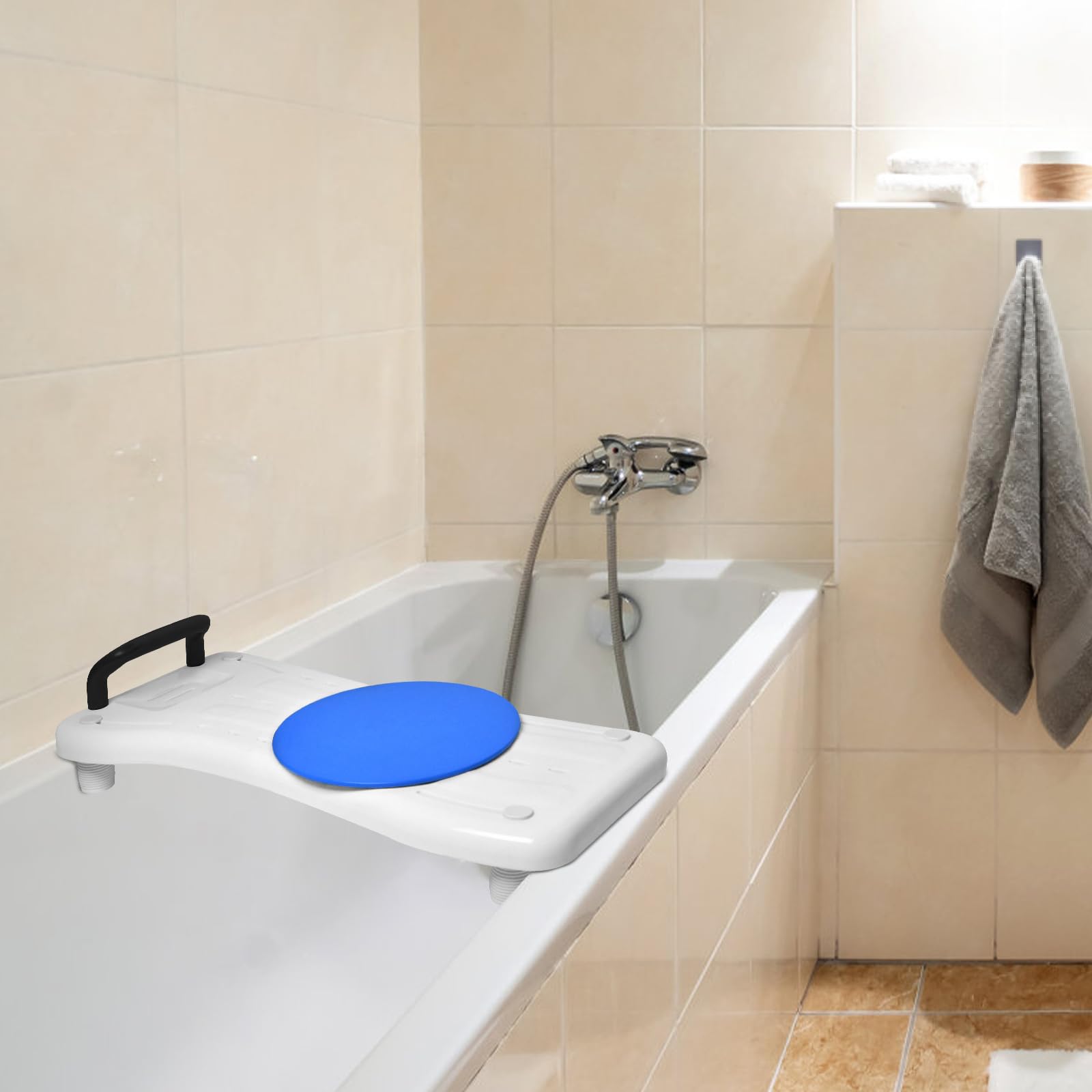 Aufun Badewannenbrett ca.75cm lang, Badewannensitz Erwachsene Senioren Wannensitz Sitzbrett mit Seifenablage, Drehscheibe und Griff, Stuhl für Badezimmer (Schwarz Haltegriff)